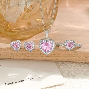 Dulce Joyería de Acero Inoxidable Collar con Colgante de Corazón Rosa Pendientes de Botón Y Anillo Ajustable para Mujer Citas Diarias Regalo