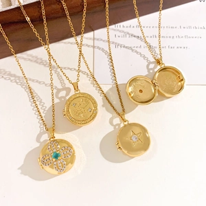 Gold clover locket necklaces with lucky four-leaf clover and Love You Forever engraving