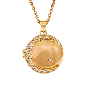 Golden round moon and star locket necklace with sparkling zircon stone inlay for women