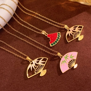 Elegant Chinese style gold necklaces featuring bamboo leaf fan and watermelon pendants