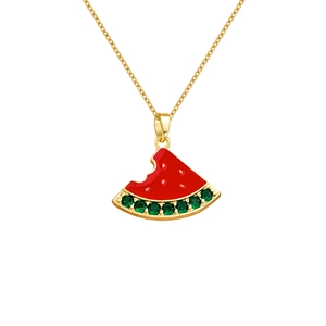 Elegant gold fan-shaped necklace with vibrant red enamel and green zircon accents