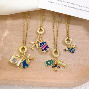 Travel Theme Titanium Steel Necklace With Camera Airplane Heart Earth Pendant Zirconia Real Gold Plated Jewelry For Women