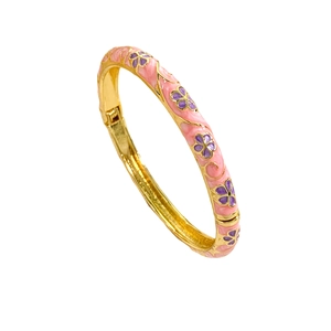 Elegant gold-plated cloisonne enamel bangle with pink base and purple floral pattern