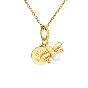 18K gold plated necklace with a pearl bee and engraved circular disc pendant