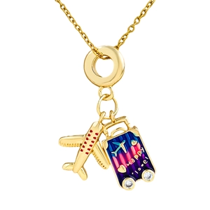 Golden titanium steel travel necklace set with airplane and colorful suitcase charms