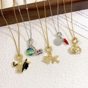 Gold and silver stainless steel airplane and globe travel pendant necklaces for women