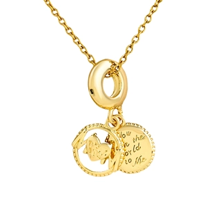 Gold pendant necklace with MOM cutout and You mean the world to Me engraving