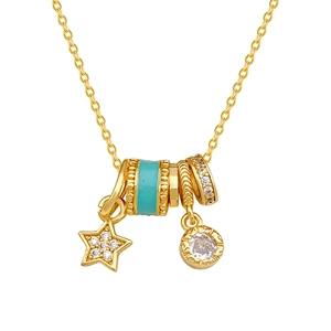 Elegant gold necklace with blue enamel ring pendant, star charm and sparkling zircon stones