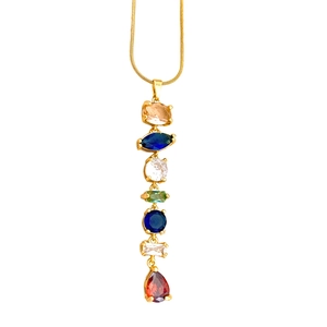 Golden necklace with seven multi-colored gemstone charms in a vertical drop style