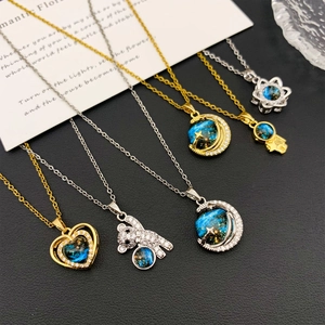 Women Blue Starry Sky Planet Pendant Necklace Stainless Steel Gold Silver Chain Astronaut Bear Heart Angel Jewelry For Dating Daily Wear