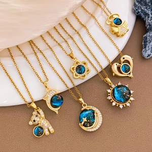 Starry sky themed gold necklaces set with blue planet pendants and zircon accents