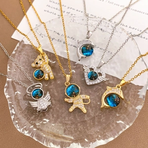 Starry sky titanium steel necklace featuring astronaut and celestial heart shaped pendants