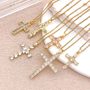 Stainless Steel Zirconia Cross Pendant Necklace For Women Luxury Gold Silver Plated Heart Crown Religious Fashion Jewelry