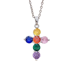 Polished silver cross necklace featuring six vibrant multi-colored round-cut zircon stones
