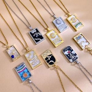 Vintage Tarot Card Necklace For Women Stainless Steel Chain Copper Zirconia Inlaid Sun Moon Pendant Mystical Jewelry Gift
