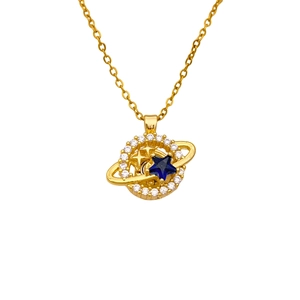Drehbare goldene Planetenkette mit blauem Sternstein und funkelndem Kristallanhänger