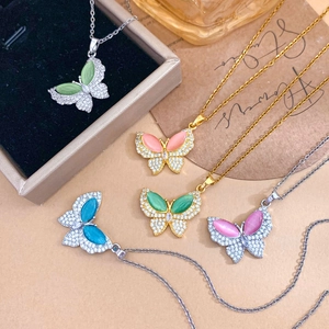 Fashion Titanium Steel Butterfly Pendant Necklace With Cat's Eye Stone Zirconia Real Gold Plated Chain Jewelry For Women
