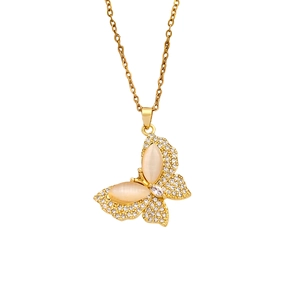 Exquisite gold butterfly necklace with opal stone wings and sparkling zirconia pavé crystals