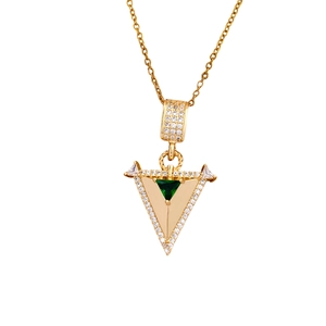 Geometric gold necklace with triangular green gemstone and white zircon setting