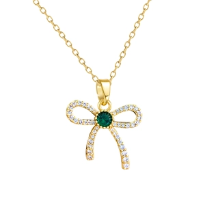 Exquisite gold bow necklace with emerald green gemstone and cubic zirconia accents