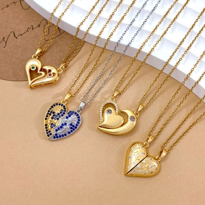 Magnetic heart and moon couple necklaces in gold and silver finish with colorful zircons