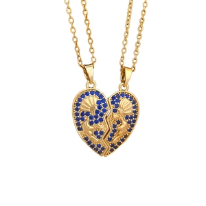 Magnetic mermaid heart necklace set with blue crystals in gold plating for couples