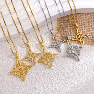 Titanium Steel Celtic Knot Witch Knot Necklace For Women Vintage Hollow Geometric Star Zirconia Pendant Jewelry Non Tarnish