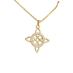Golden Celtic knot necklace with a sparkling pavé diamond-set circle on a thin chain