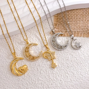 Stainless Steel Cross Chain Copper Zirconia Moon Star Heart Pendant Necklace Gold Silver Plated Elegant Women Jewelry