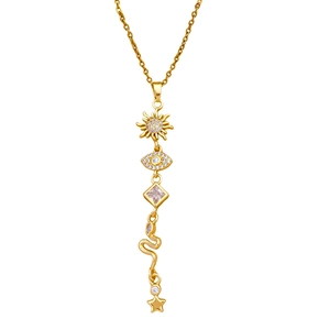 Titanium steel gold necklace featuring sun, evil eye, pink gem, snake and star pendants
