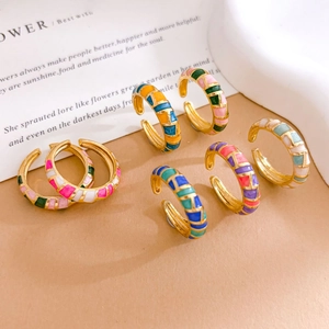 Minimalist rainbow enamel open rings set in gold finish with geometric mosaic pattern