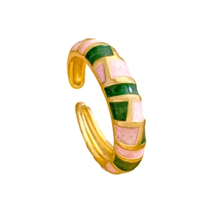 Minimalist adjustable gold open ring with green and pink enamel geometric pattern design