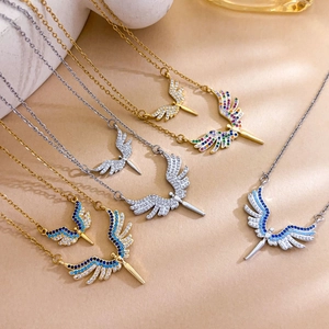 Elegant angel wing sword necklace with micro-pave zircons in gold and silver finish