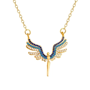Elegant gold angel pendant necklace with blue and white zircons on a delicate chain