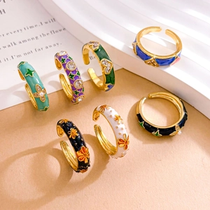 Real Gold Plated Copper Enamel Ring Colorful Floral Heart Lucky Clover Open Adjustable Ring With Zirconia Artificial Pearl Jewelry
