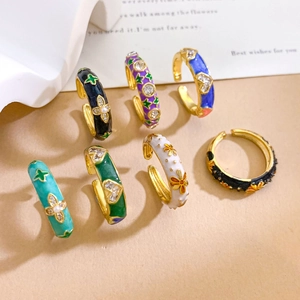7-piece colorful enamel flower star open rings with gold plating and cubic zirconia
