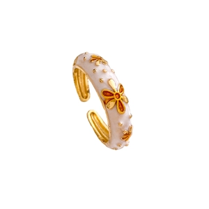 Minimalist adjustable open ring with white enamel flower patterns and gold finish