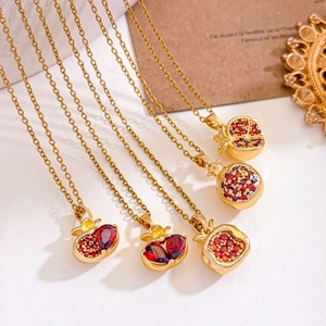 Stainless Steel Chain Copper Red Zirconia Pomegranate Pendant Necklace Gold Plated Women Vintage Elegant Fashion Jewelry
