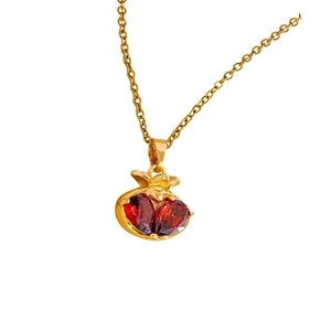 Vintage 18K gold plated necklace featuring twin red heart-shaped zircon pendants on white background