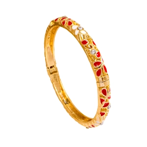Elegant gold-plated bangle featuring colorful enamel flower patterns and sparkling crystals
