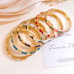 Chinese style enamel flower open bangles set in six vibrant colors with gold plating
