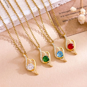 Water drop zircon necklaces in emerald, sapphire, and ruby tones on gold-plated titanium