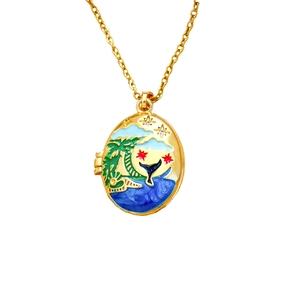 Gold stainless steel oval locket necklace with tropical island enamel rabbit design