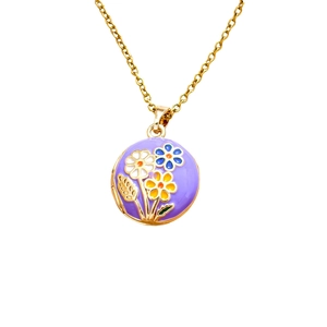 Purple enamel evil eye locket necklace with floral patterns and gold chain