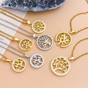 Round Tree Of Life Zirconia Copper Pendant Stainless Steel Chain Necklace Gold Silver Plated Jewelry For Women Gift
