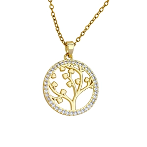 Golden Tree of Life necklace with micro-pave cubic zirconia and heart-shaped leaves