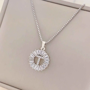 Silver fashion necklace with sparkling T-shaped pavé pendant and sleek box chain