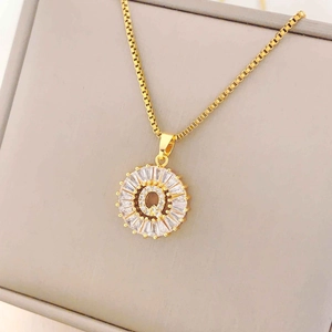 Golden titanium steel necklace featuring a round letter Q pendant with zircon stones