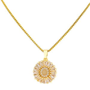 Golden titanium steel necklace with sunflower pendant and cubic zirconia halo design