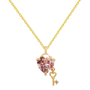 Titanium steel heart and key necklace with pink gemstone pendant in gold finish